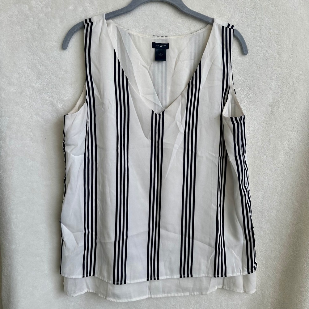 Ann Taylor Lined White Black Stripe Sleeveless Shell Blouse M Fabric Snags As Is